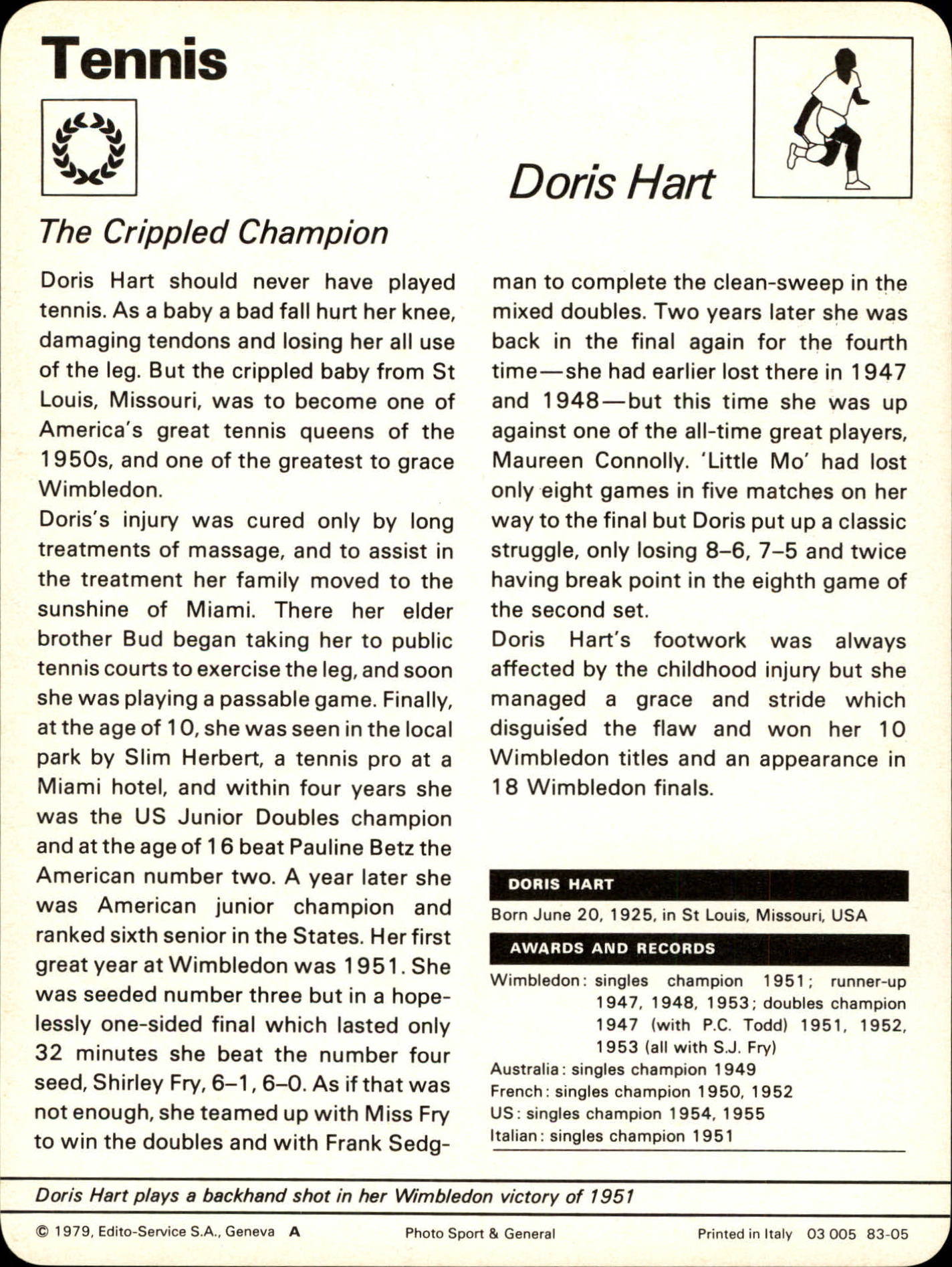 1977-79 Sportscaster Series 83 #8305 Doris Hart back image