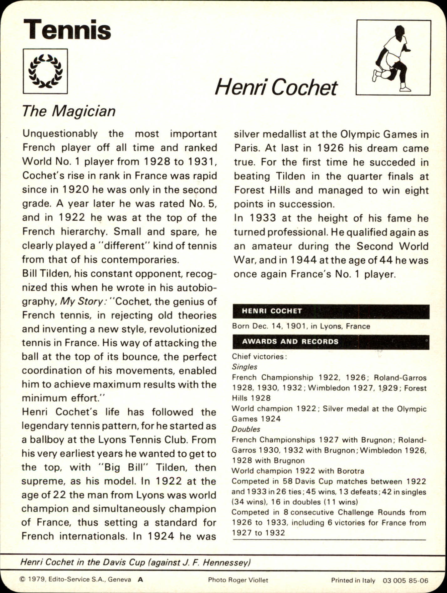 1977-79 Sportscaster Series 85 #8506 Henri Cochet back image