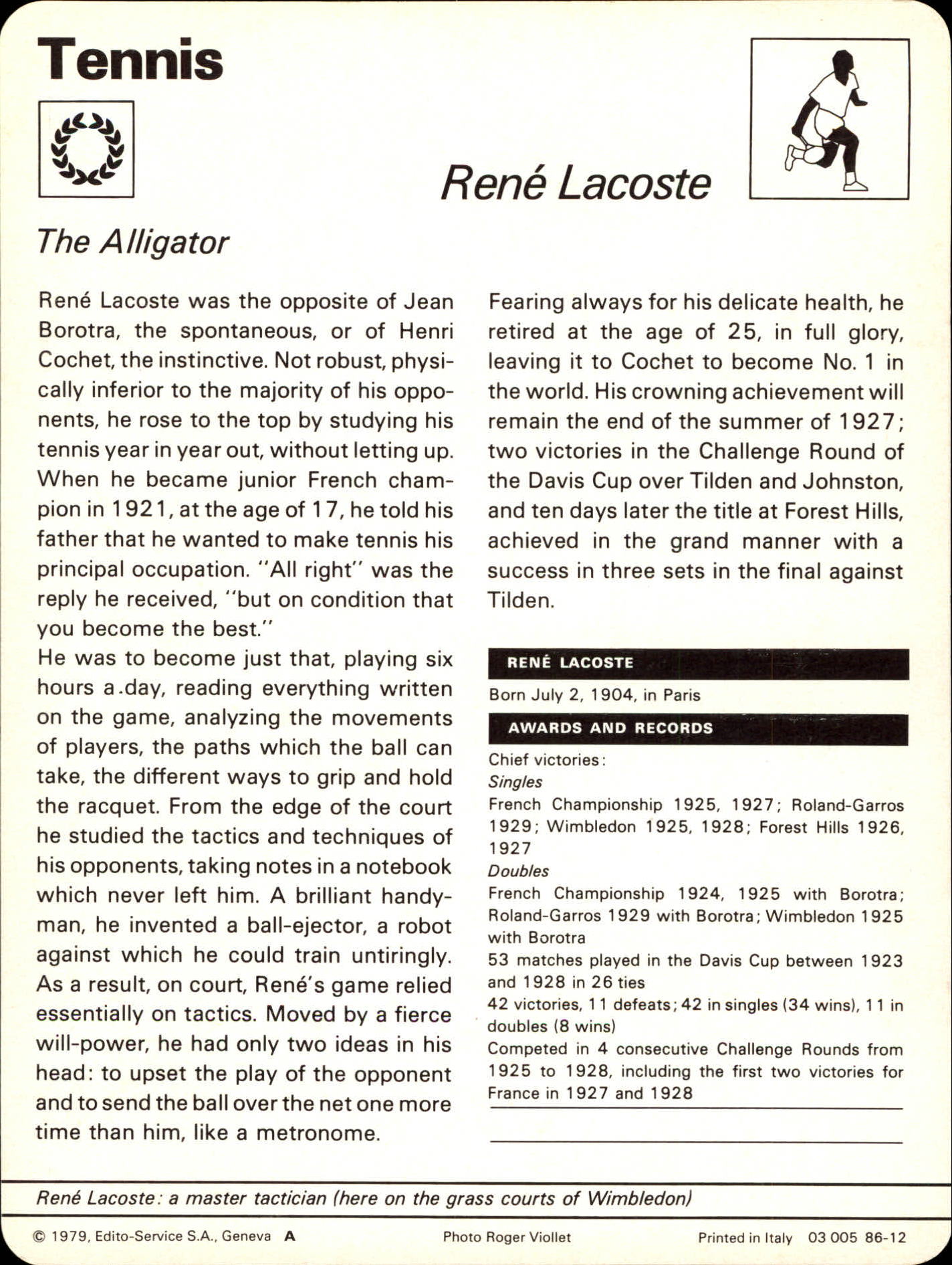 1977-79 Sportscaster Series 86 #8612 Rene Lacoste back image