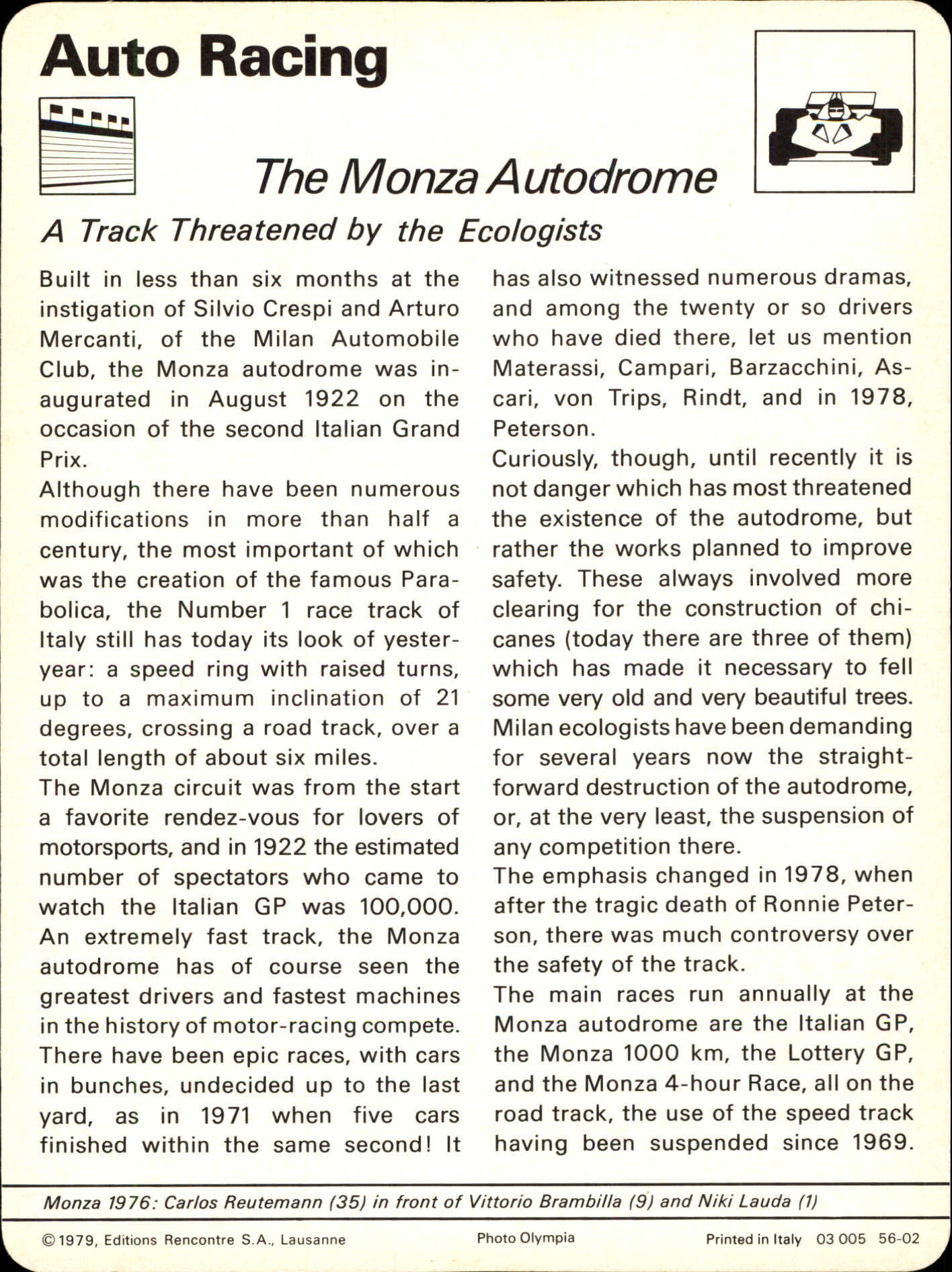 1977-79 Sportscaster Series 56 #5602 The Monza Autodrome back image