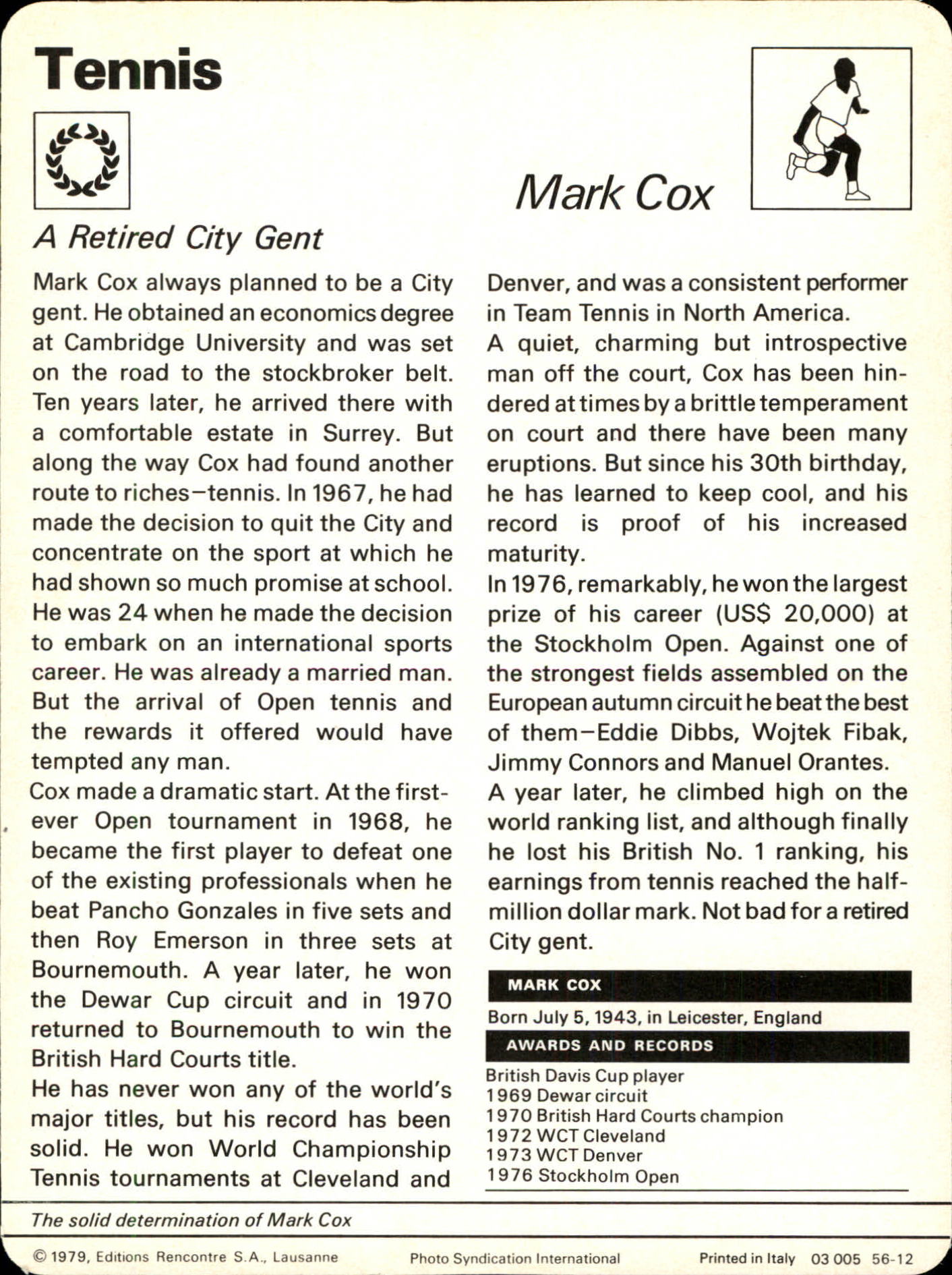 1977-79 Sportscaster Series 56 #5612 Mark Cox back image