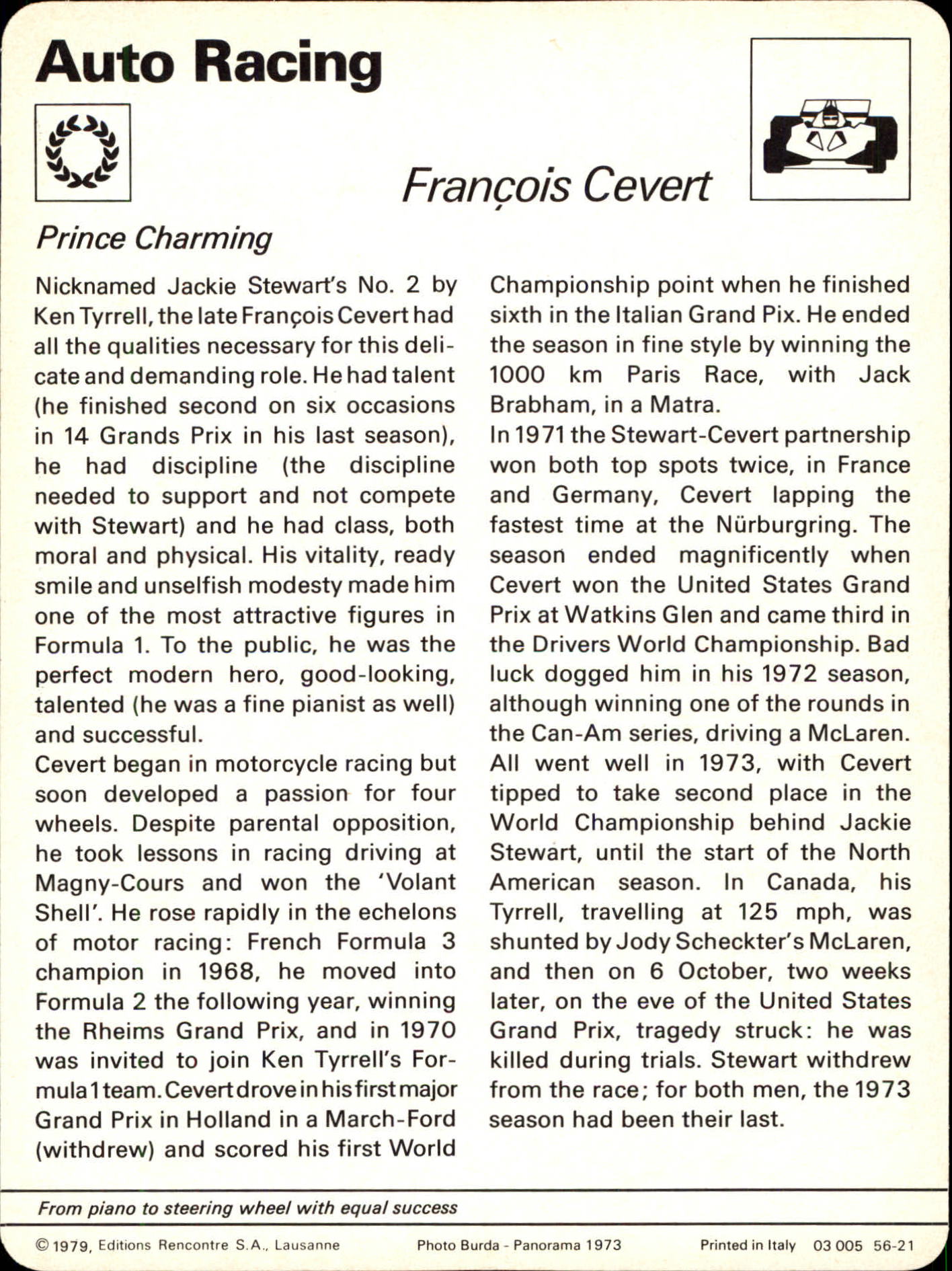 1977-79 Sportscaster Series 56 #5621 Francois Cevert back image