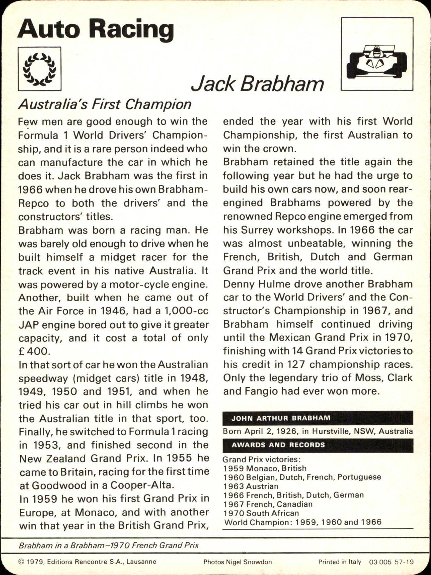 1977-79 Sportscaster Series 57 #5719 Jack Brabham back image