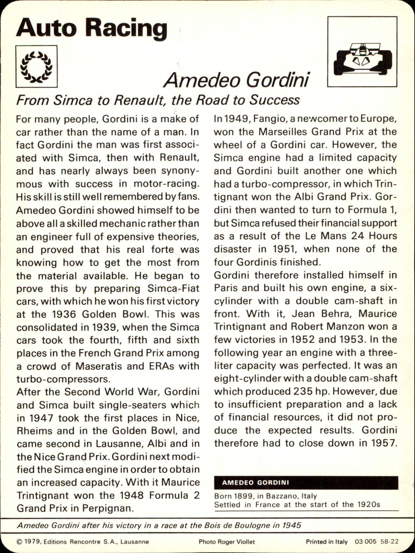 1977-79 Sportscaster Series 58 #5822 Amedeo Gordini back image
