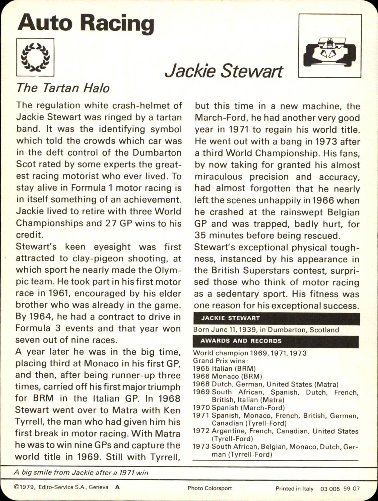 1977-79 Sportscaster Series 59 #5907 Jackie Stewart back image