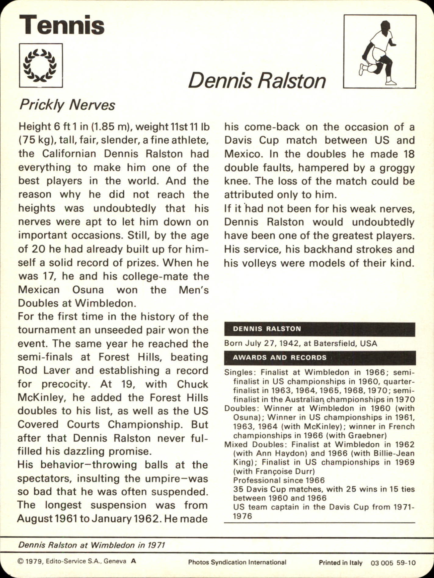 1977-79 Sportscaster Series 59 #5910 Dennis Ralston back image