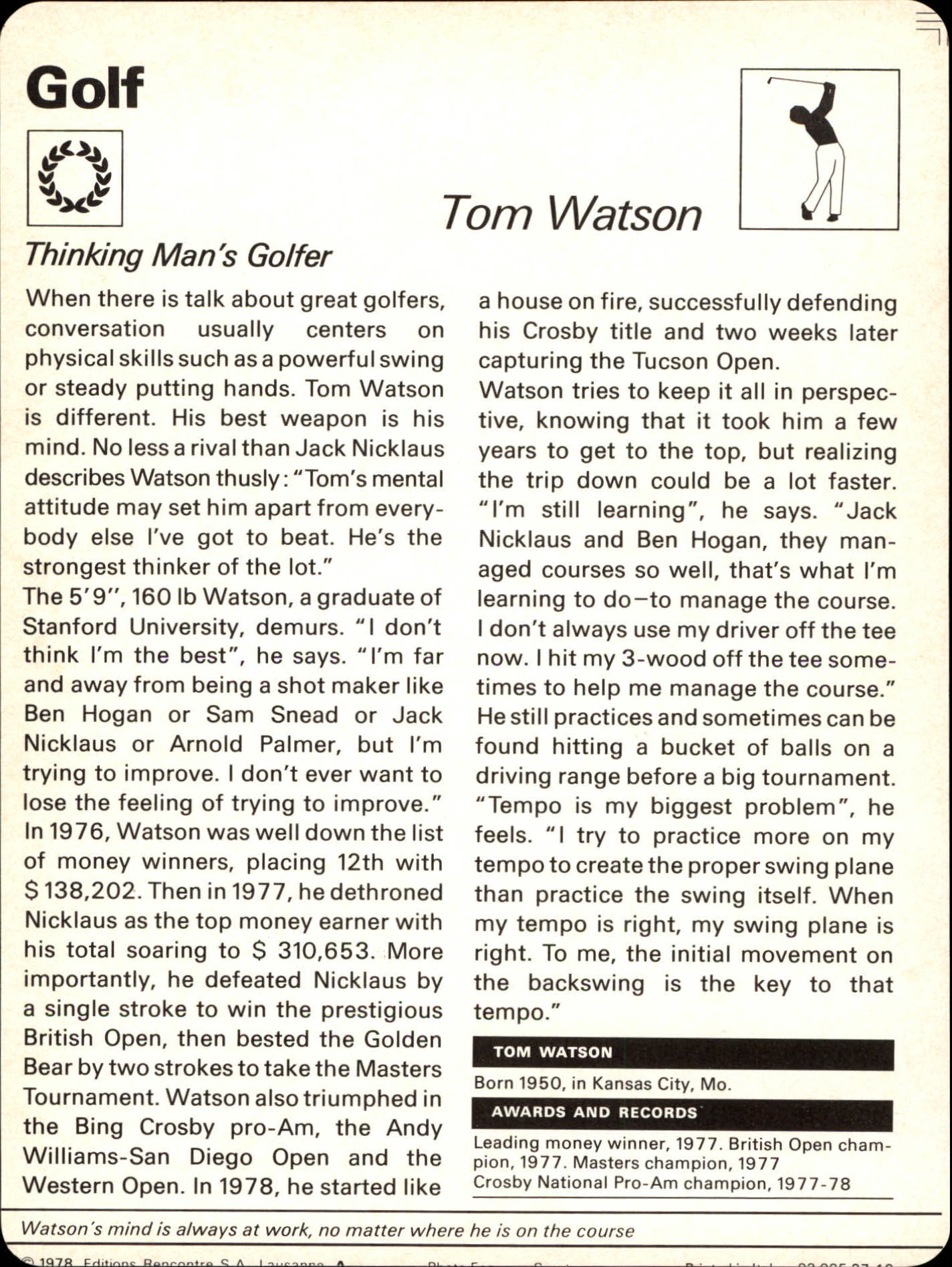 1977-79 Sportscaster Series 37 #3718 Tom Watson back image