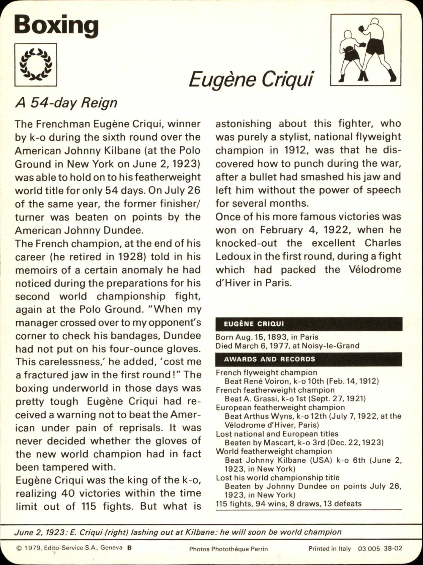 1977-79 Sportscaster Series 38 #3802 Eugene Criqui back image