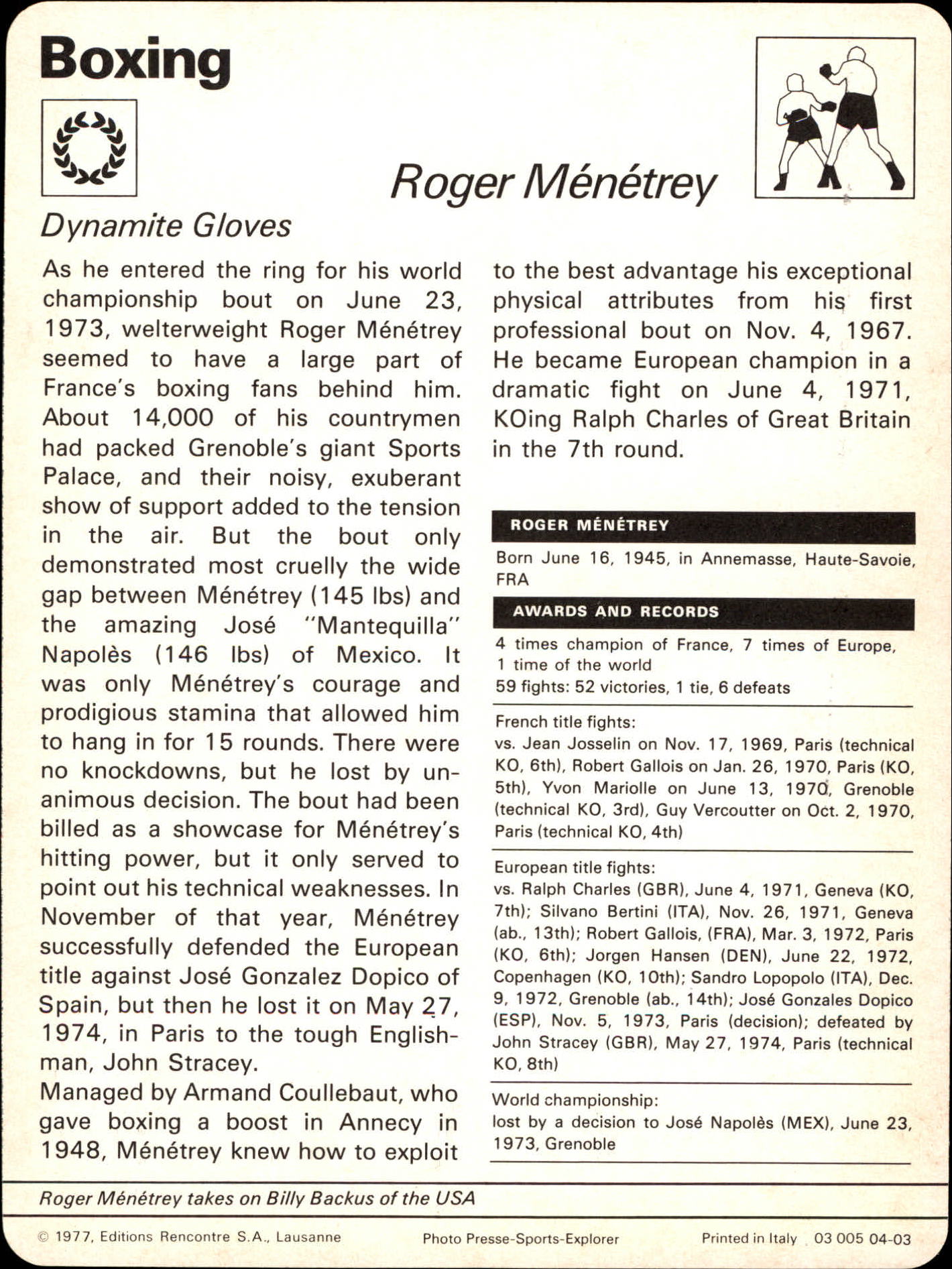 1977-79 Sportscaster Series 4 #403 Roger Menetrey back image