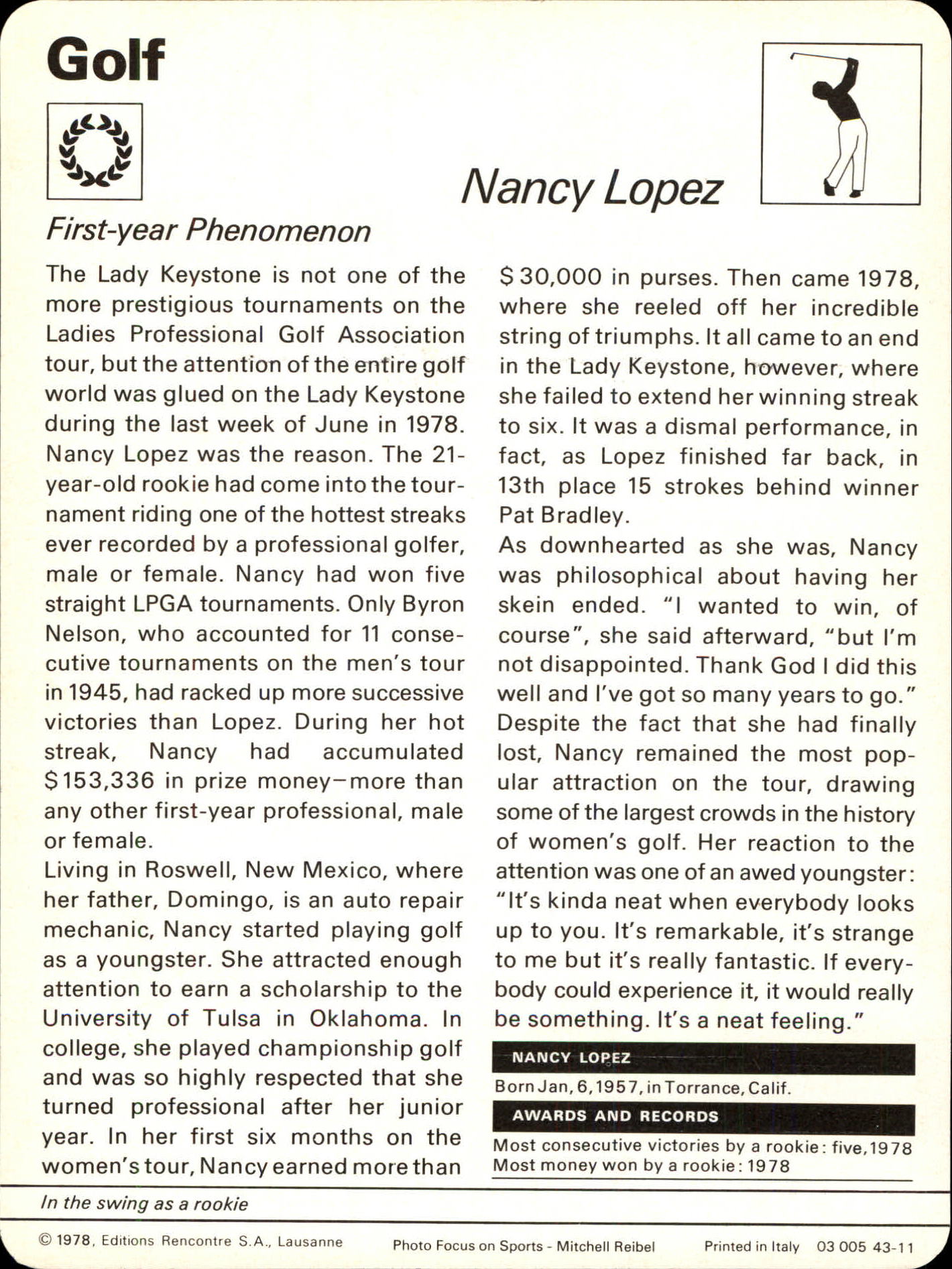 1977-79 Sportscaster Series 43 #4311 Nancy Lopez back image