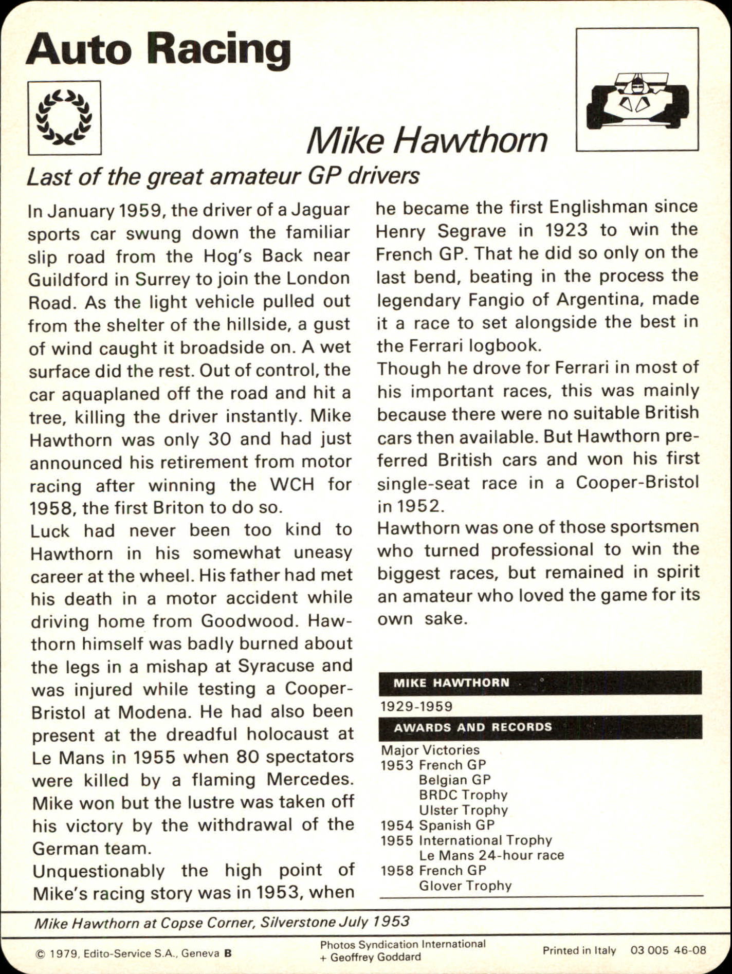 1977-79 Sportscaster Series 46 #4608 Mike Hawthorn back image
