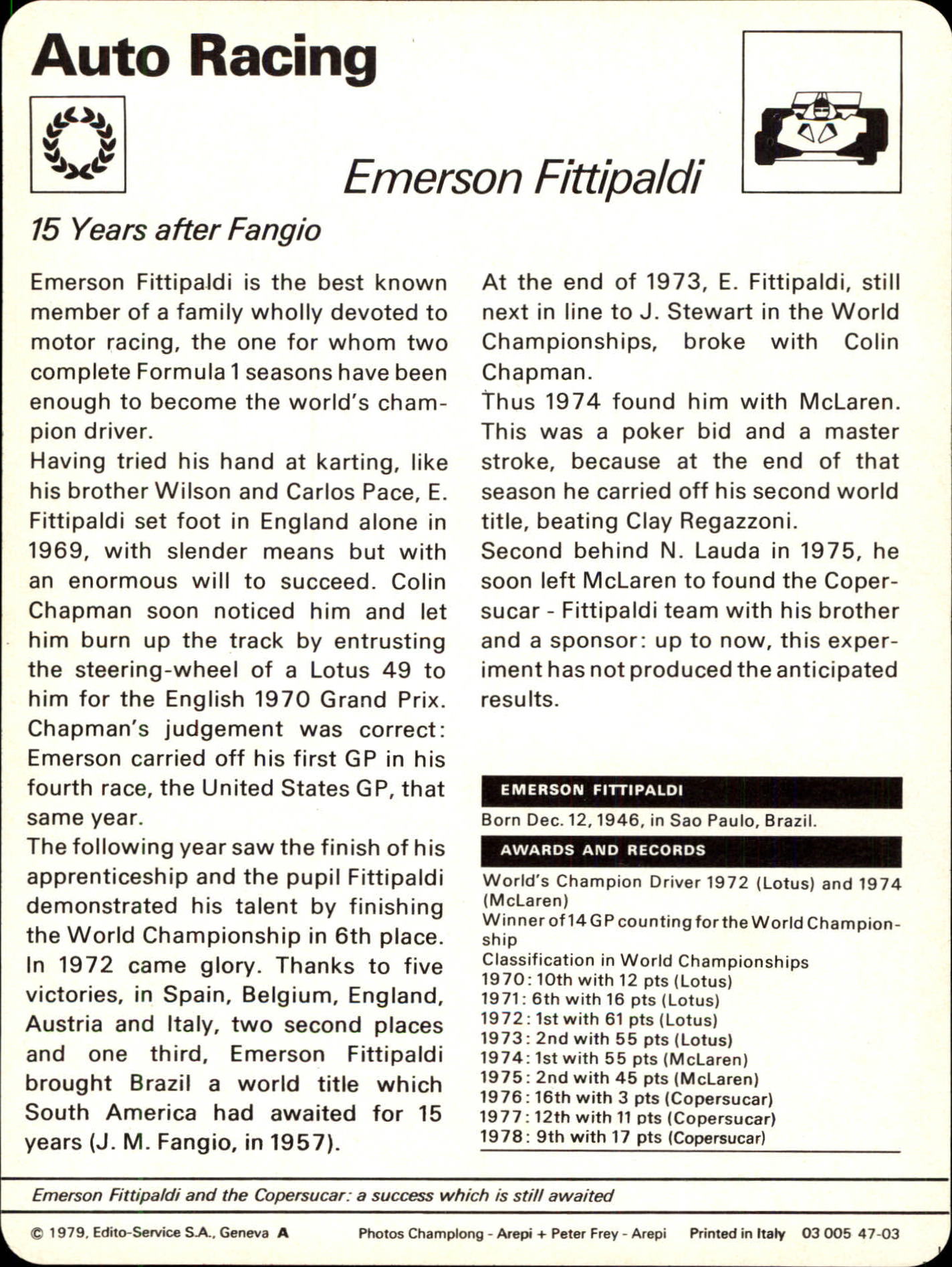 1977-79 Sportscaster Series 47 #4703 Emerson Fittipaldi back image
