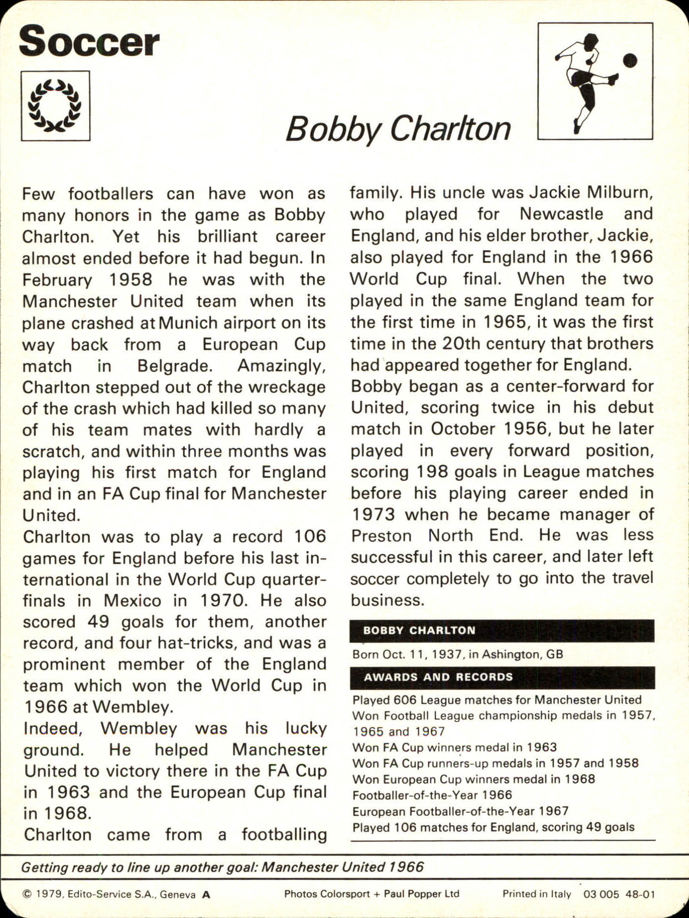 1977-79 Sportscaster Series 48 #4801 Bobby Charlton back image