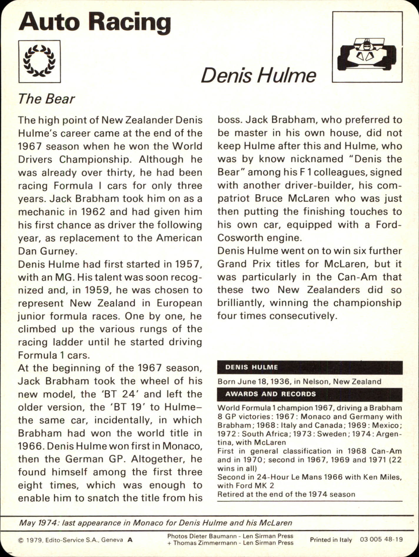 1977-79 Sportscaster Series 48 #4819 Denis Hulme back image