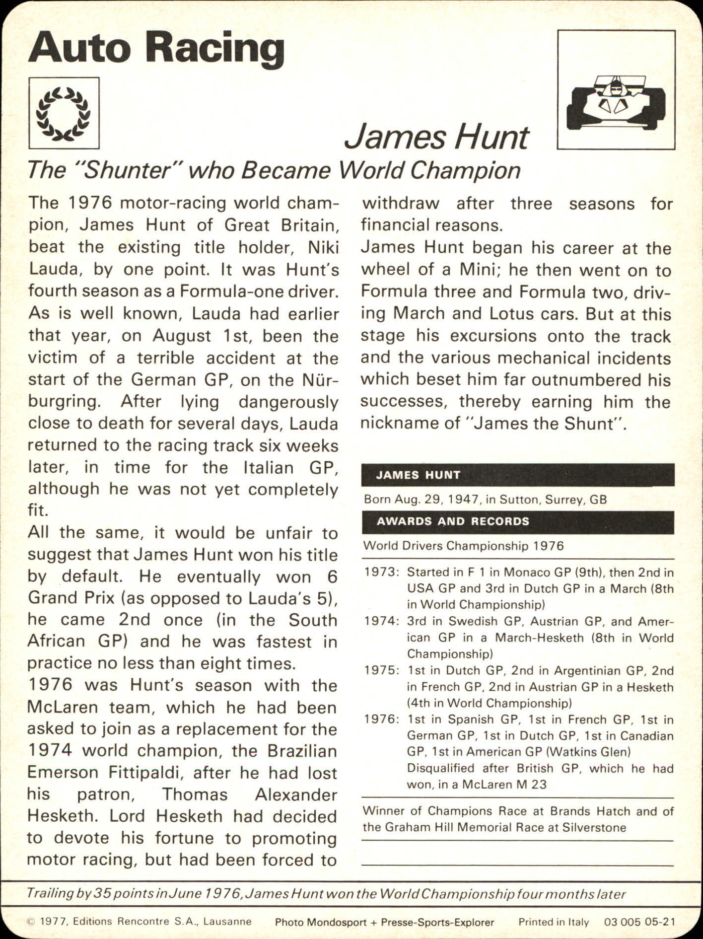 1977-79 Sportscaster Series 5 #521 James Hunt back image