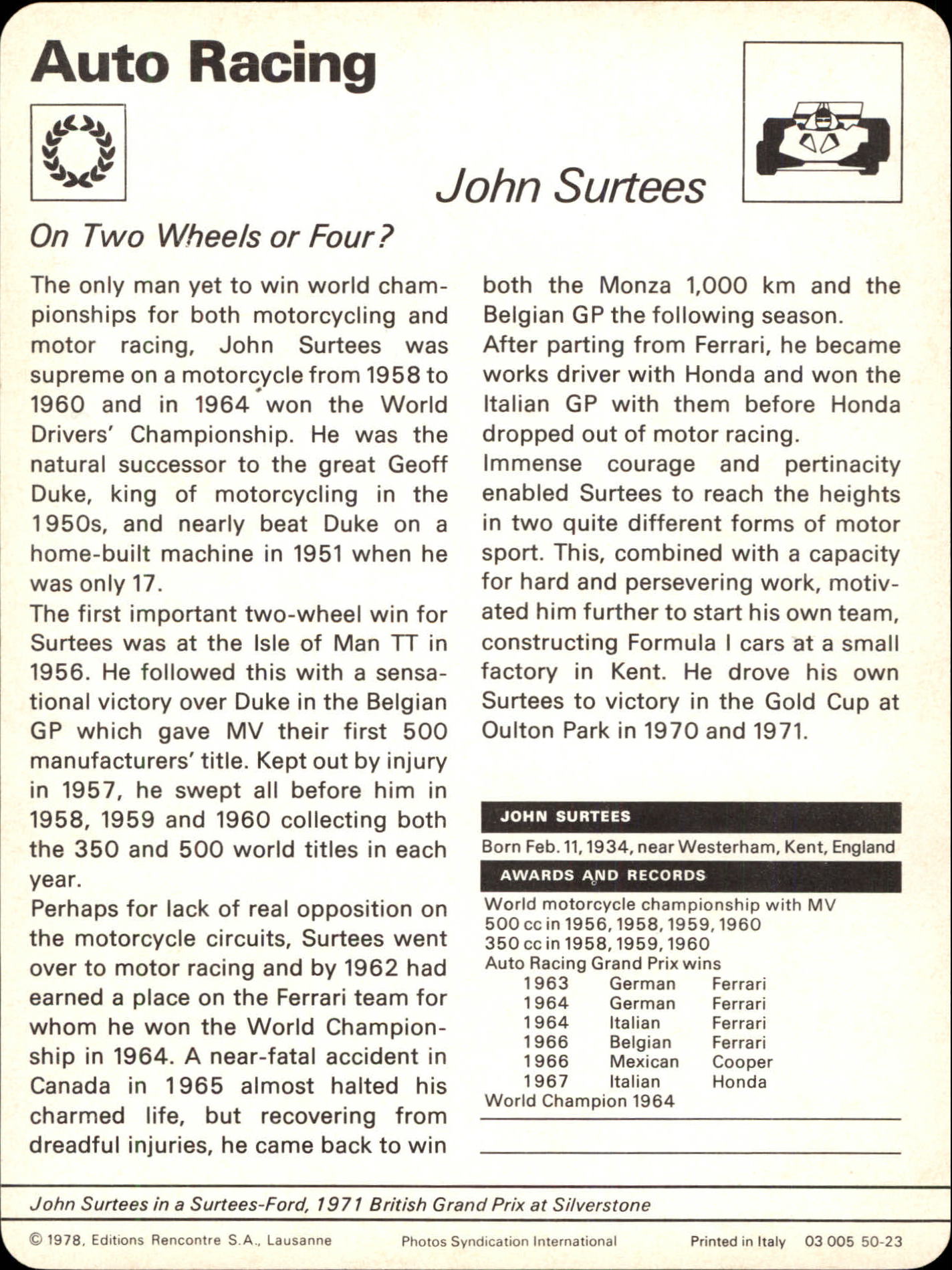 1977-79 Sportscaster Series 50 #5023 John Surtees back image