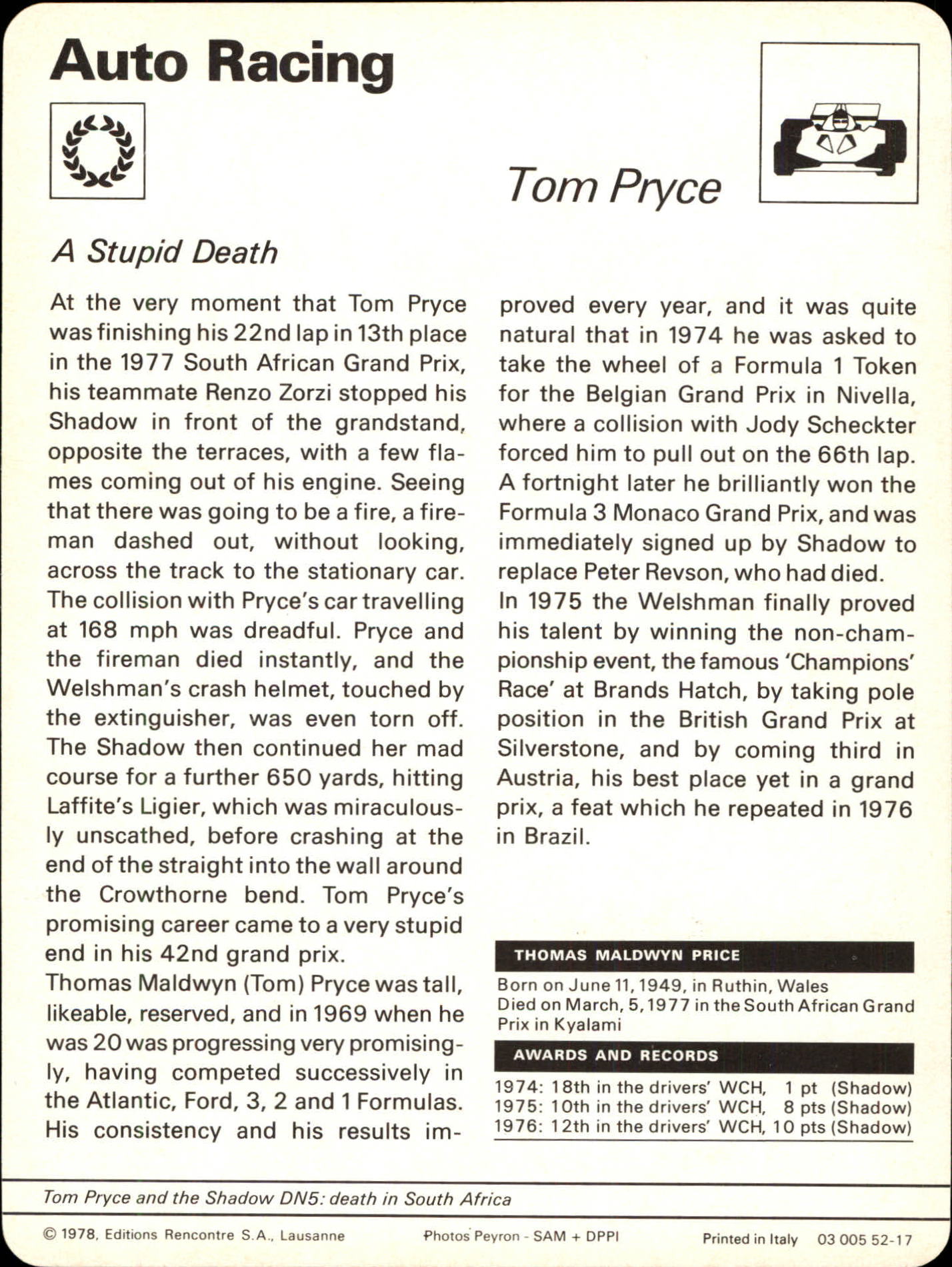 1977-79 Sportscaster Series 52 #5217 Tom Pryce back image