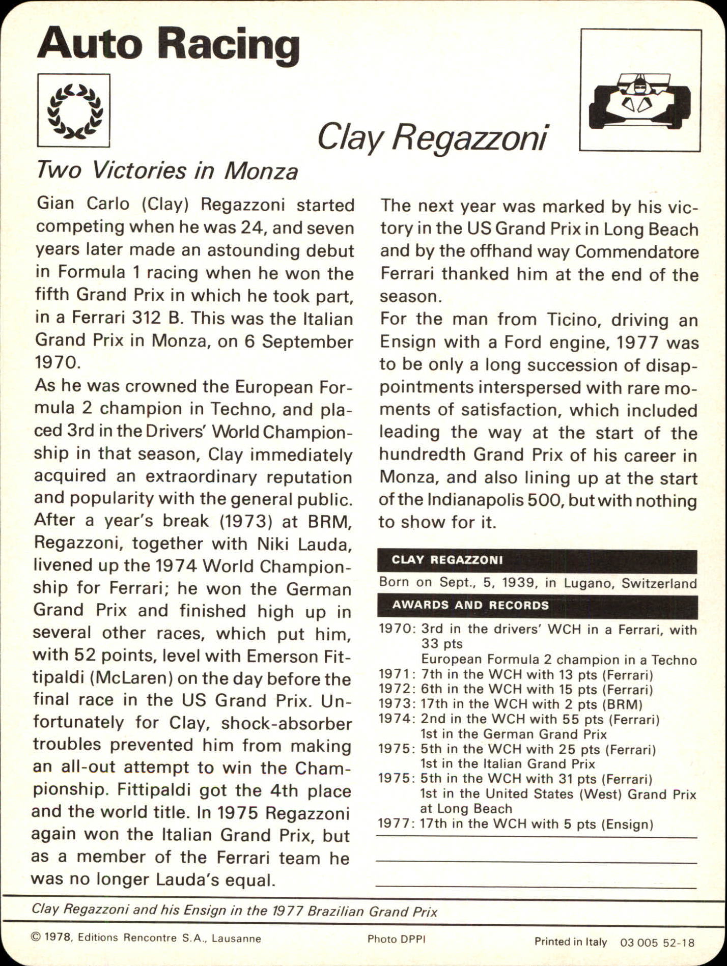 1977-79 Sportscaster Series 52 #5218 Clay Regazzoni back image