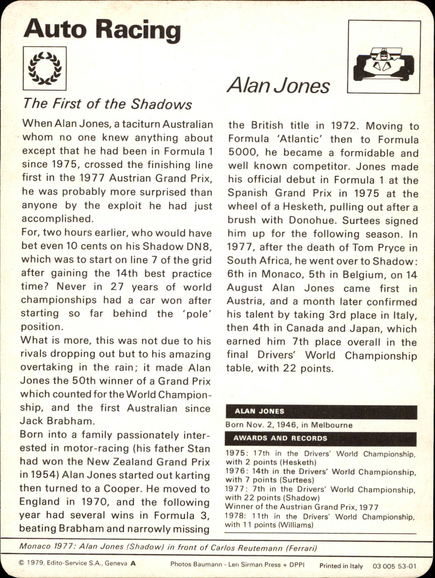 1977-79 Sportscaster Series 53 #5301 Alan Jones back image