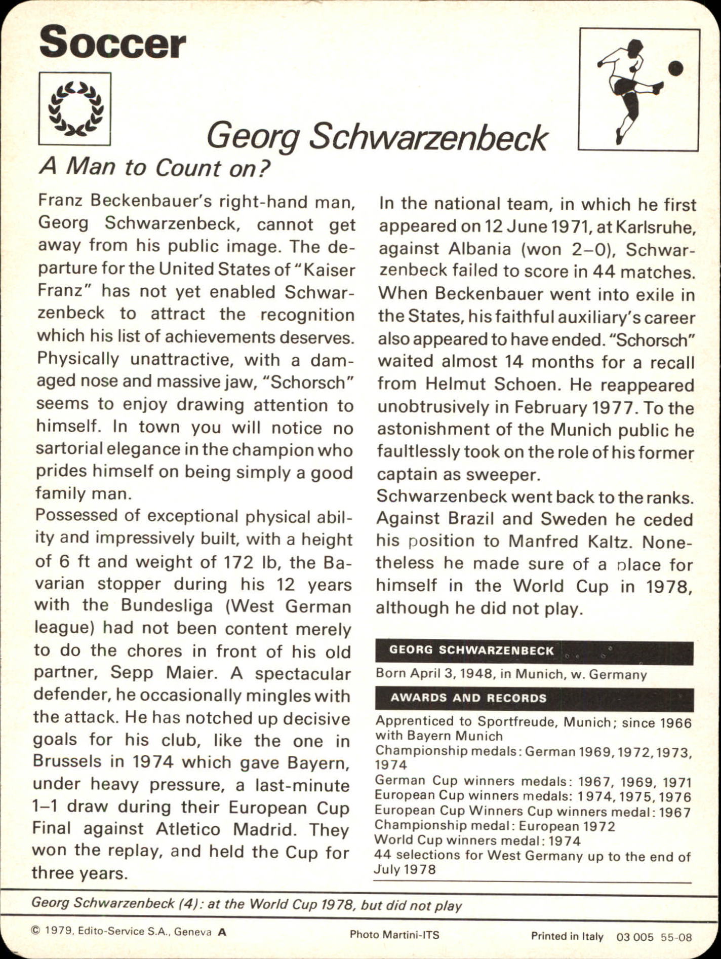 1977-79 Sportscaster Series 55 #5508 Georg Schwarzenbeck back image
