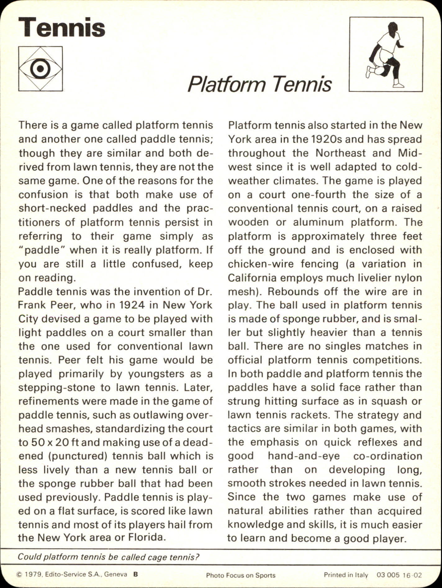 1977-79 Sportscaster Series 16 #1602 Platform Tennis back image