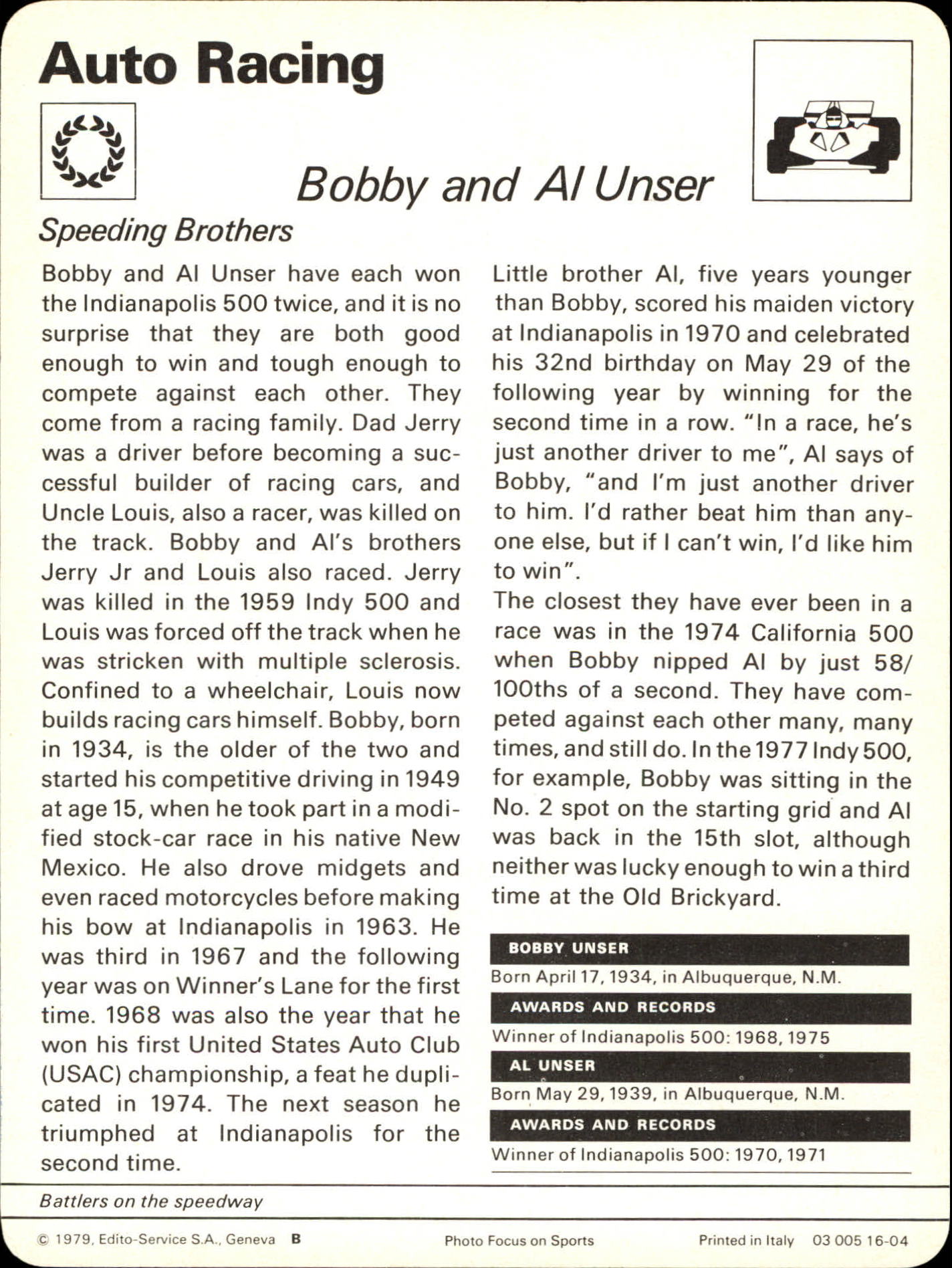 1977-79 Sportscaster Series 16 #1604 Bobby and Al Unser back image