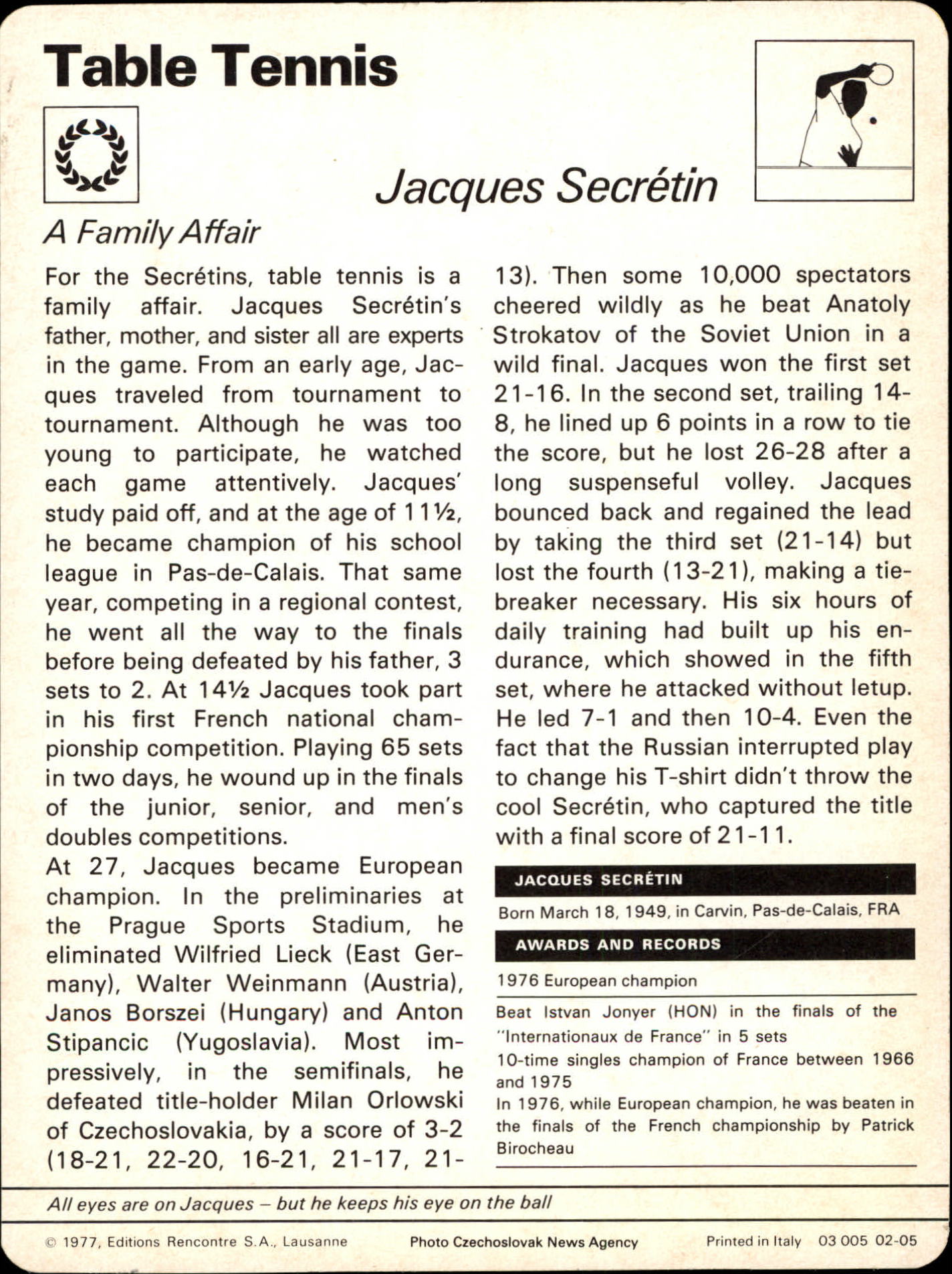 1977-79 Sportscaster Series 2 #205 Jacques Secretin back image