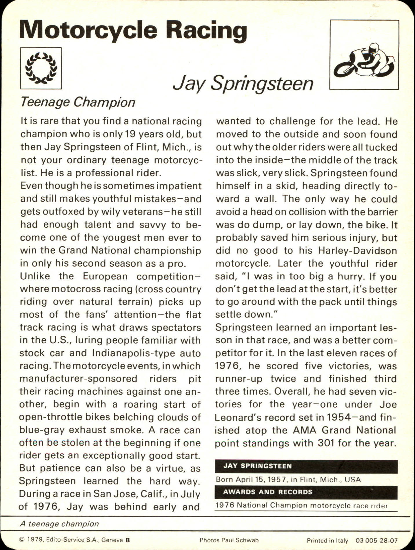 1977-79 Sportscaster Series 28 #2807 Jay Springsteen back image