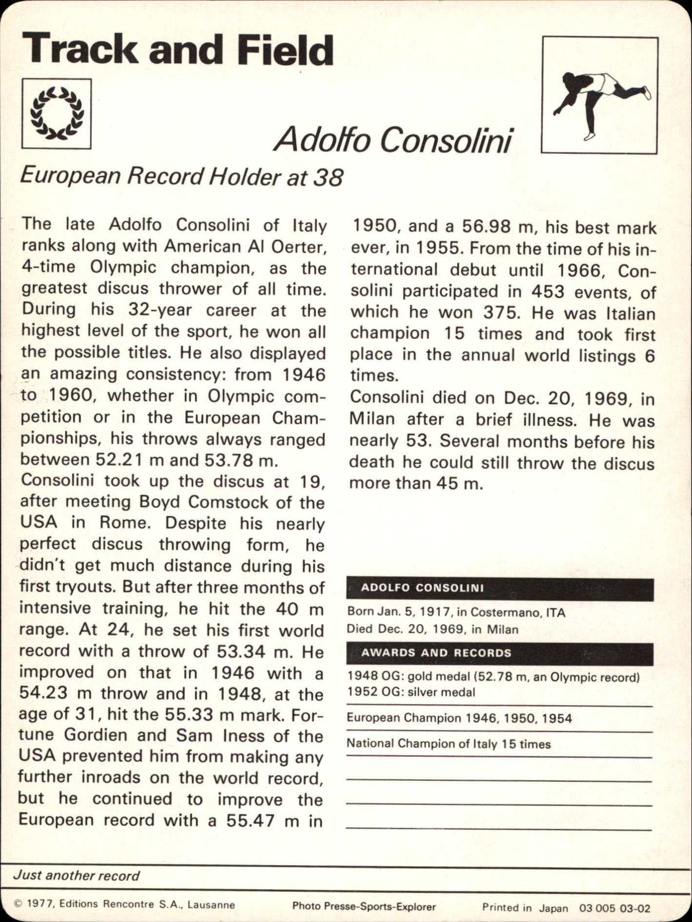 1977-79 Sportscaster Series 3 #302 Adolfo Consolini back image