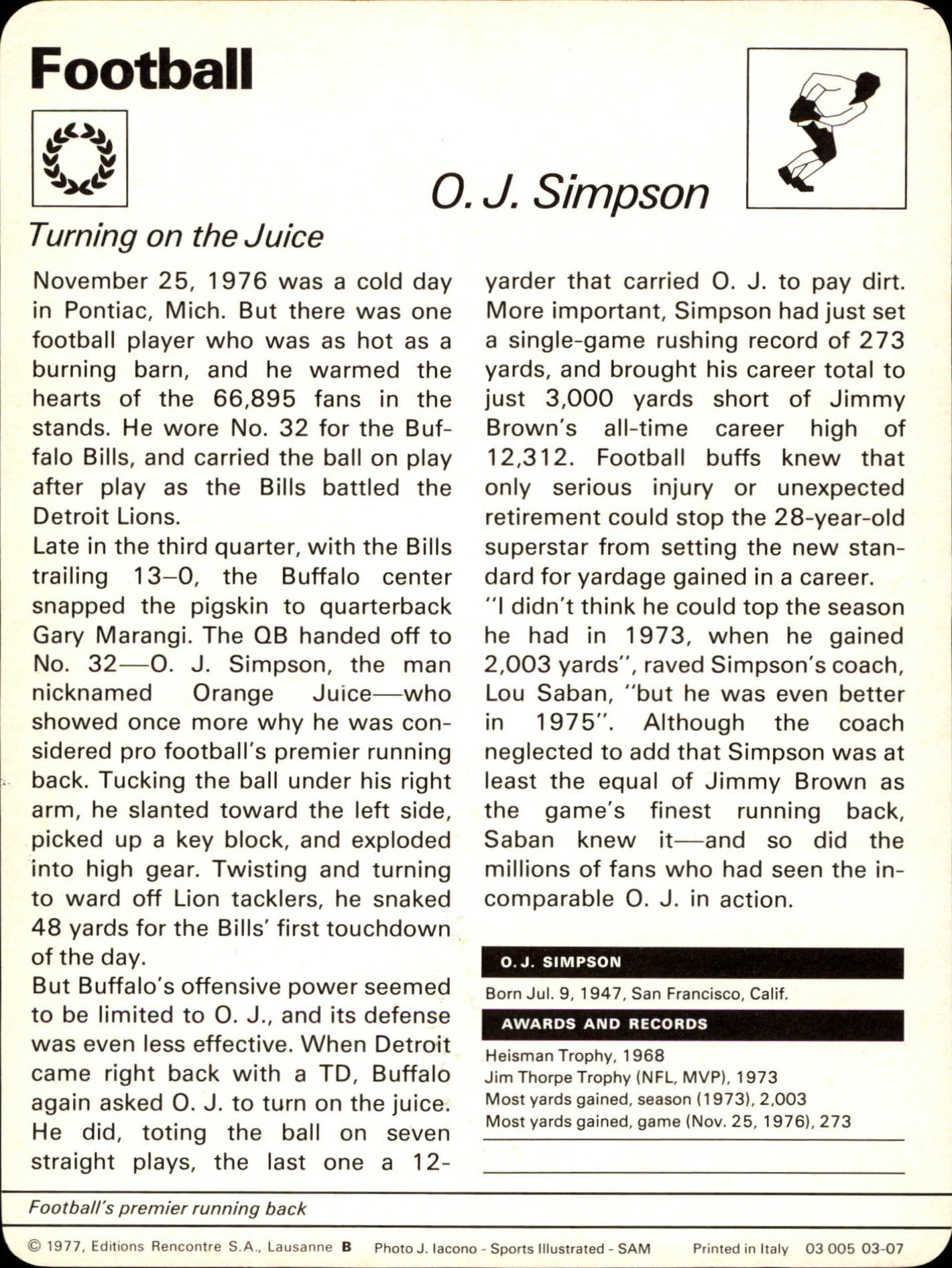 1977-79 Sportscaster Series 3 #307 O.J. Simpson back image