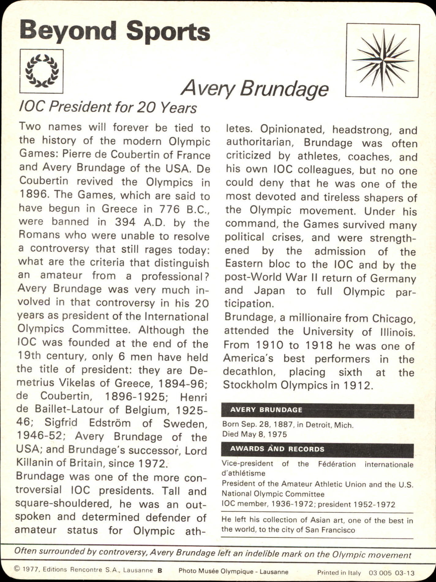 1977-79 Sportscaster Series 3 #313 Avery Brundage back image