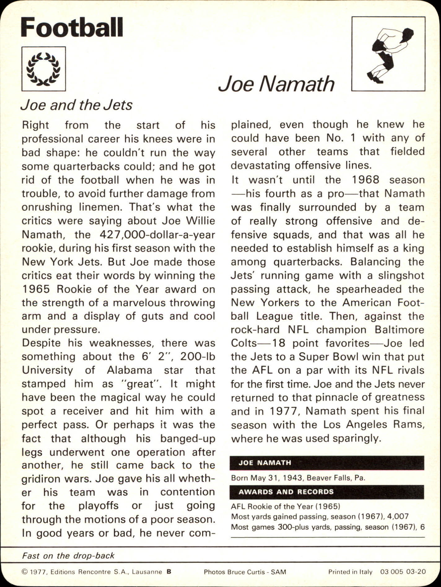 1977-79 Sportscaster Series 3 #320 Joe Namath back image