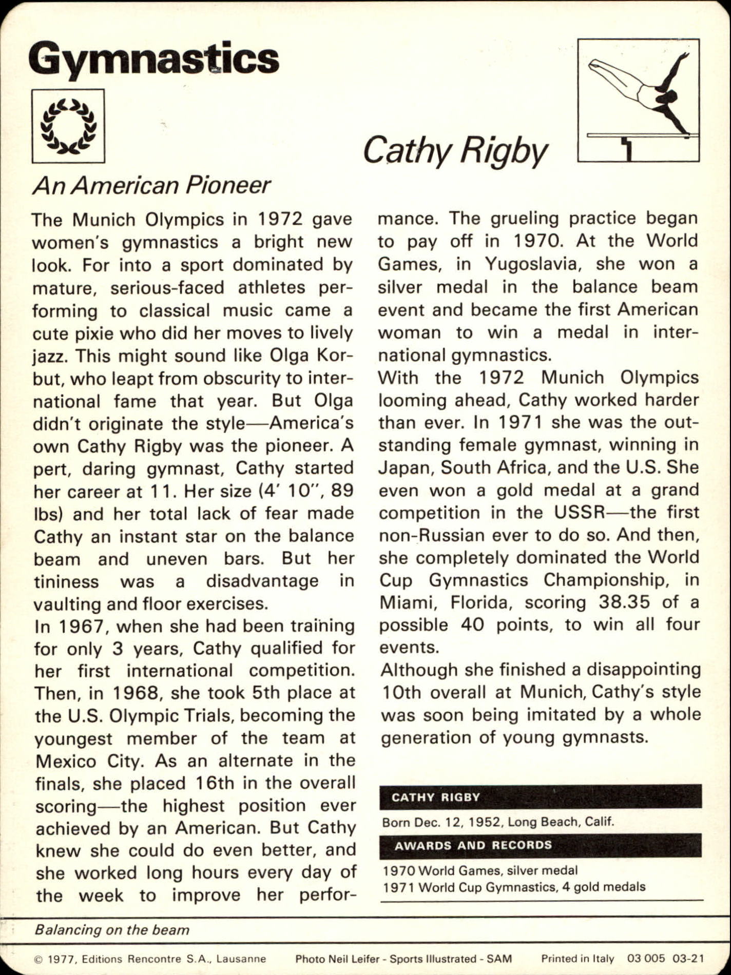1977-79 Sportscaster Series 3 #321 Cathy Rigby back image