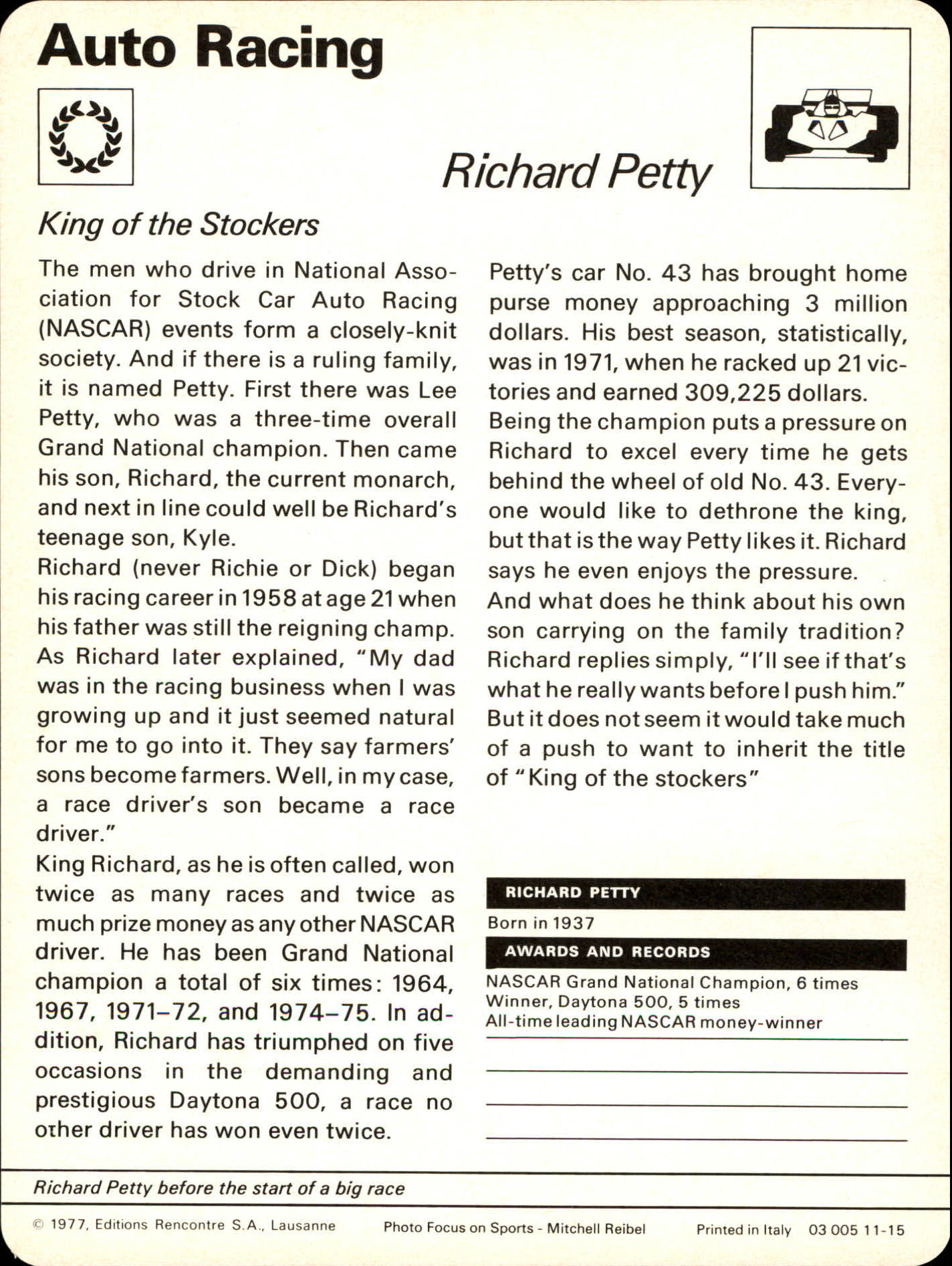 1977-79 Sportscaster Series 11 #1115 Richard Petty back image