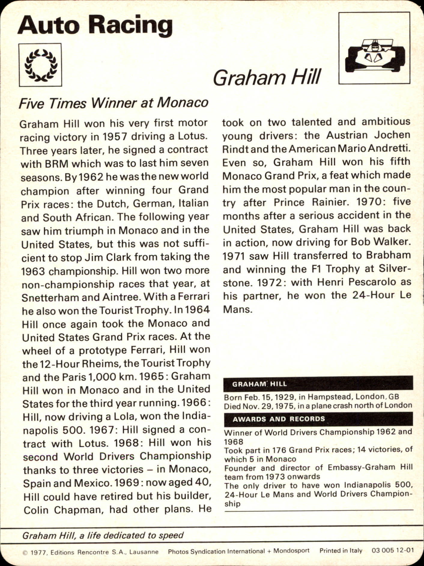 1977-79 Sportscaster Series 12 #1201 Graham Hill back image
