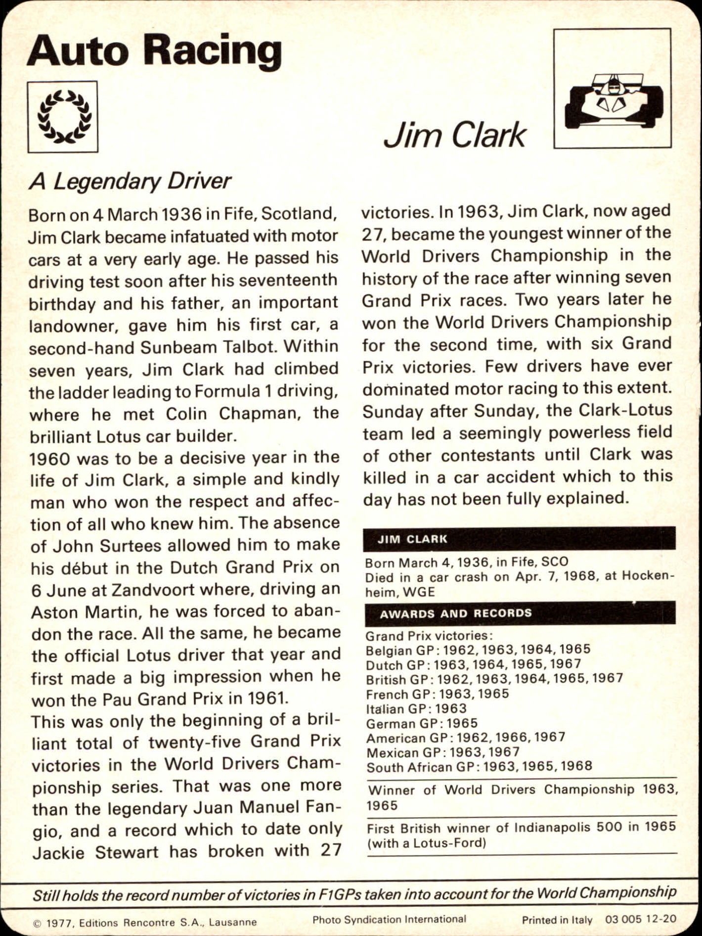 1977-79 Sportscaster Series 12 #1220 Jim Clark back image