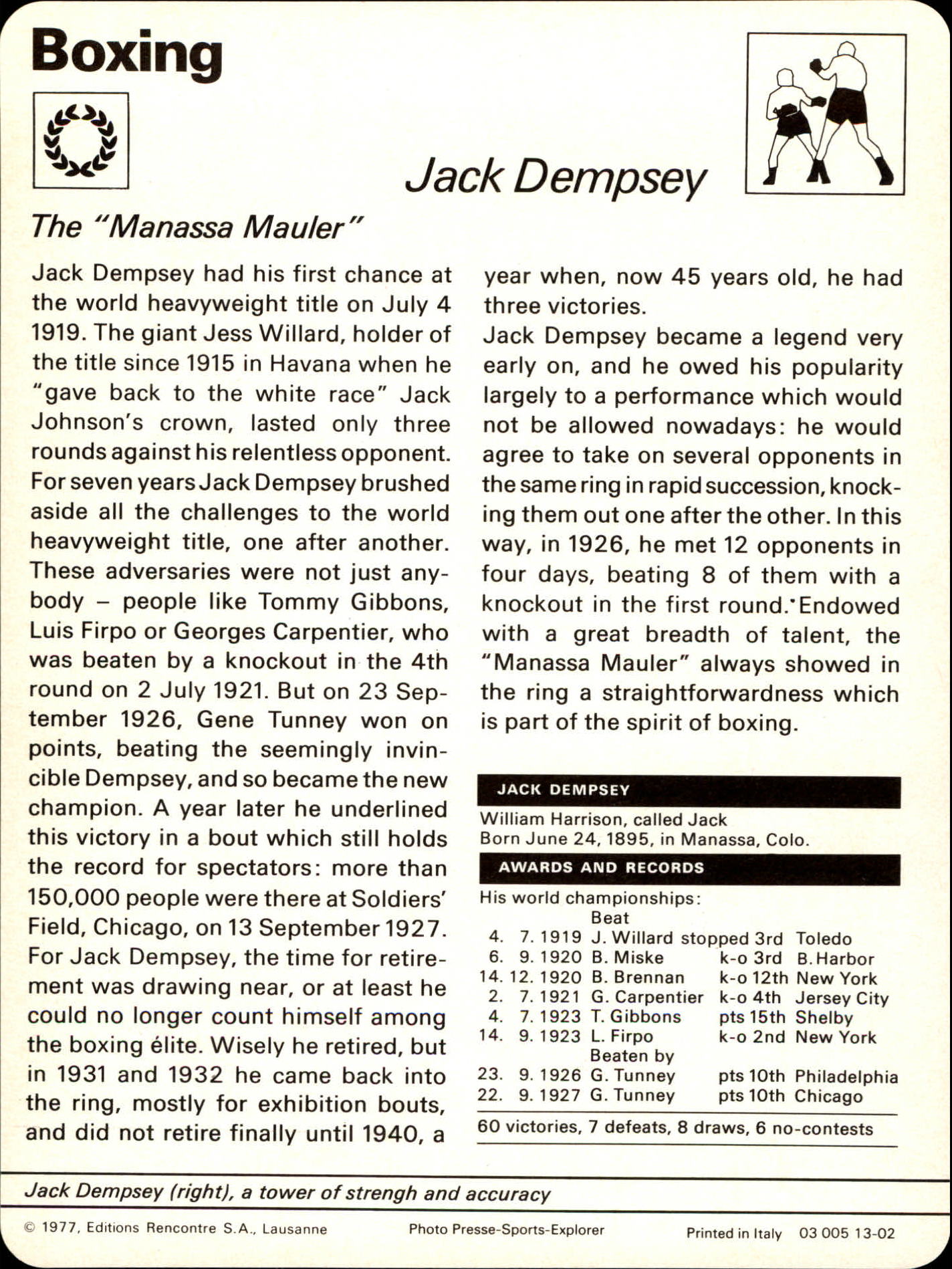 1977-79 Sportscaster Series 13 #1302 Jack Dempsey back image