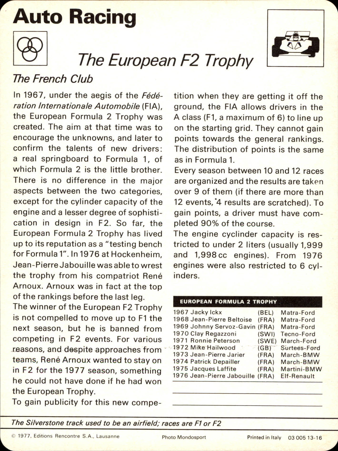 1977-79 Sportscaster Series 13 #1316 The European F2 Trophy back image