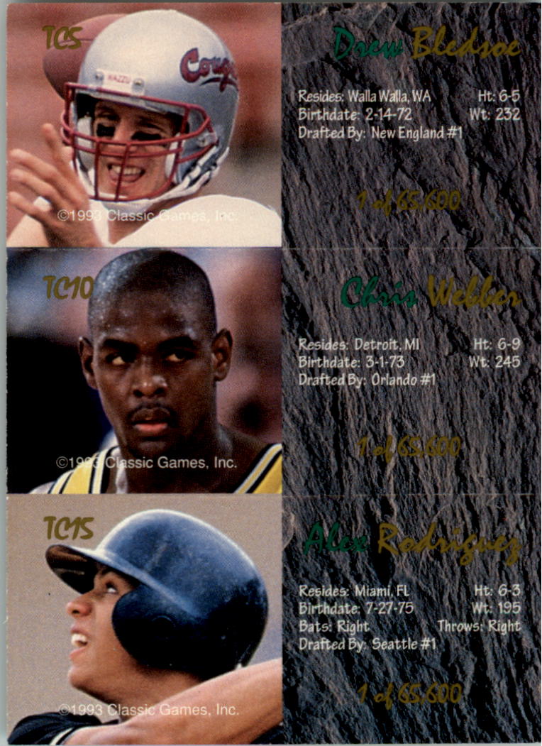 1993 Classic Four Sport Tri-Cards #TC5 Drew Bledsoe/TC10 Chris Webber/TC15 Alex Rodriguez back image