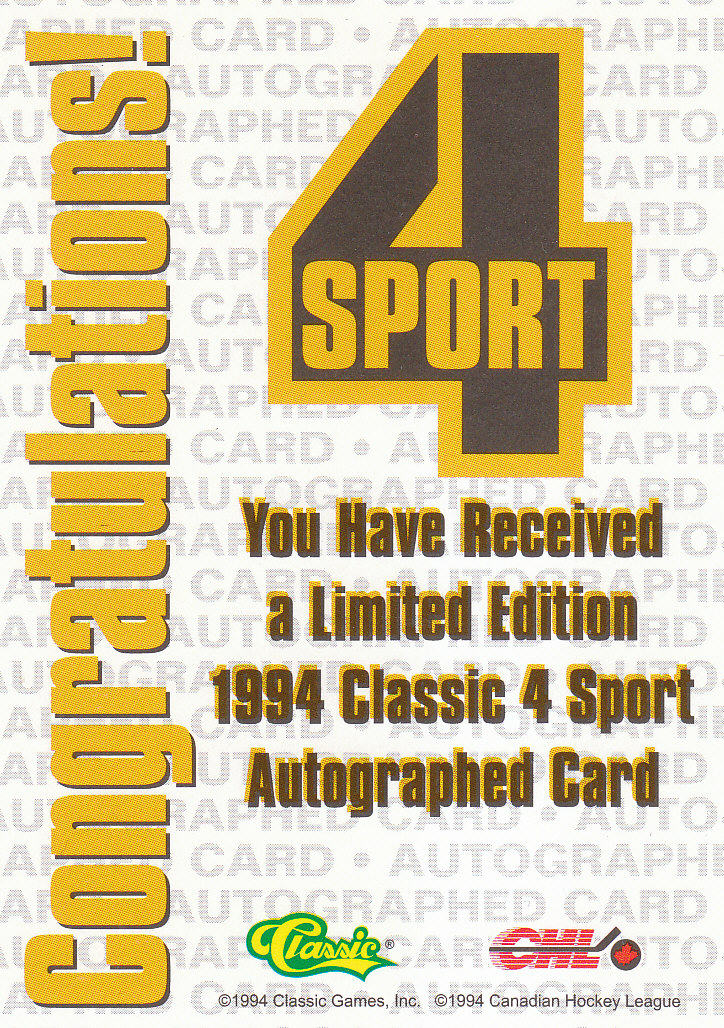 1994 Classic Four Sport Autographs #115A Ed Jovanovski/1180 back image