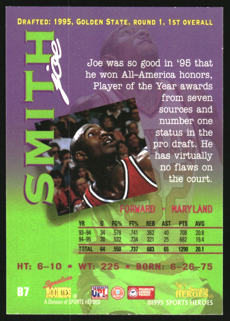 1995 Signature Rookies Fame and Fortune Collectors Pick #B7 Joe Smith back image