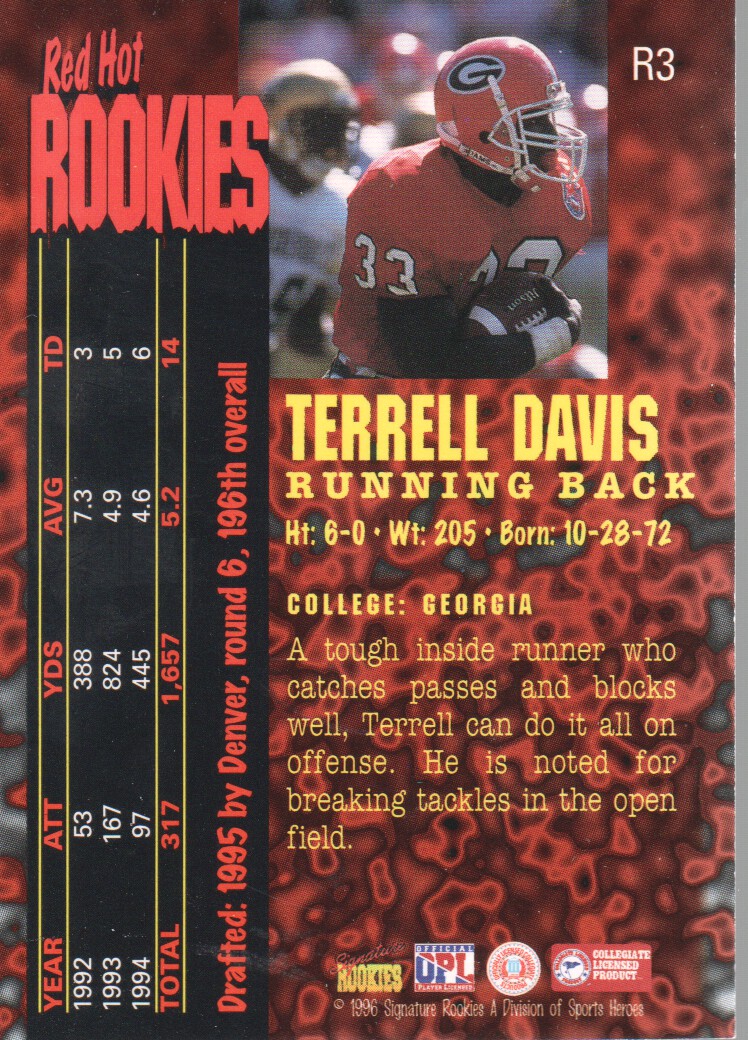 1995 Signature Rookies Fame and Fortune Red Hot Rookies #R3 Terrell Davis back image