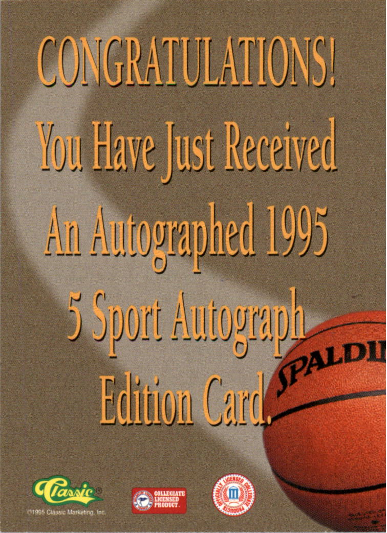 1995 Classic Five Sport Autographs #27 Cory Alexander back image