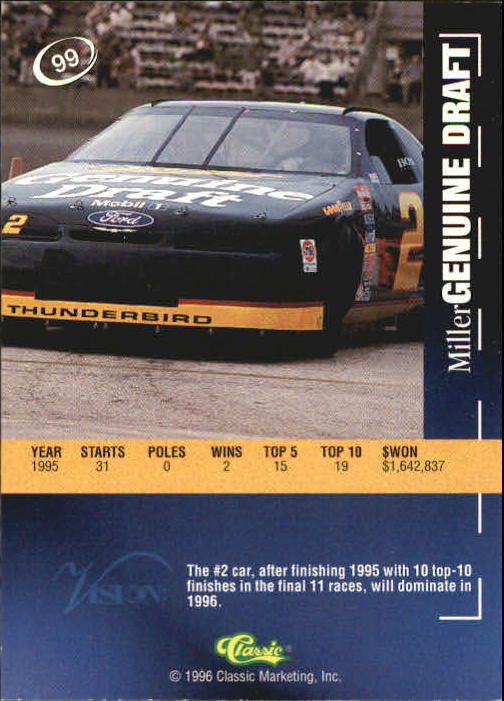 1996 Visions Signings #99 Rusty Wallace's Car back image