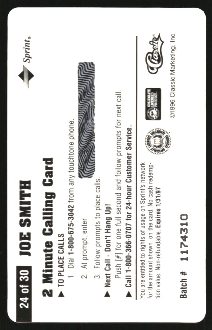 1996 Assets Phone Cards $2 #24 Joe Smith back image
