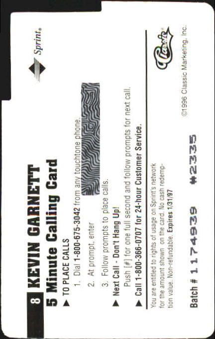 1996 Assets A Cut Above Phone Cards #8 Kevin Garnett