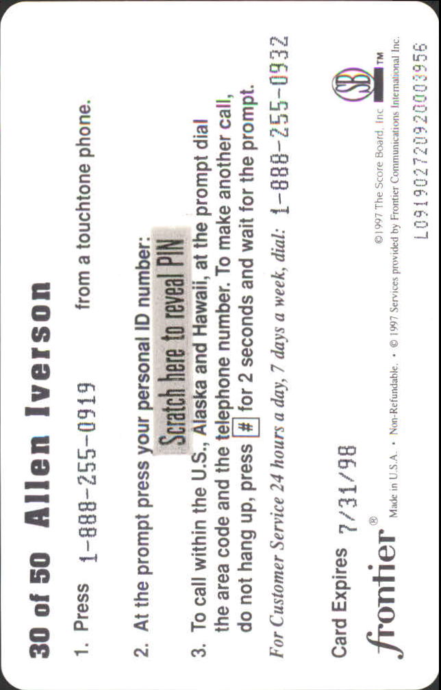 1997 Score Board Talk N' Sports Phone Cards $1 #30 Allen Iverson back image
