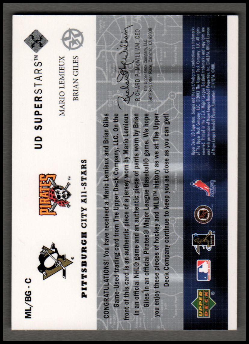 2002-03 UD SuperStars City All-Stars Dual Jersey #MLBG Mario Lemieux/Brian Giles Pants back image