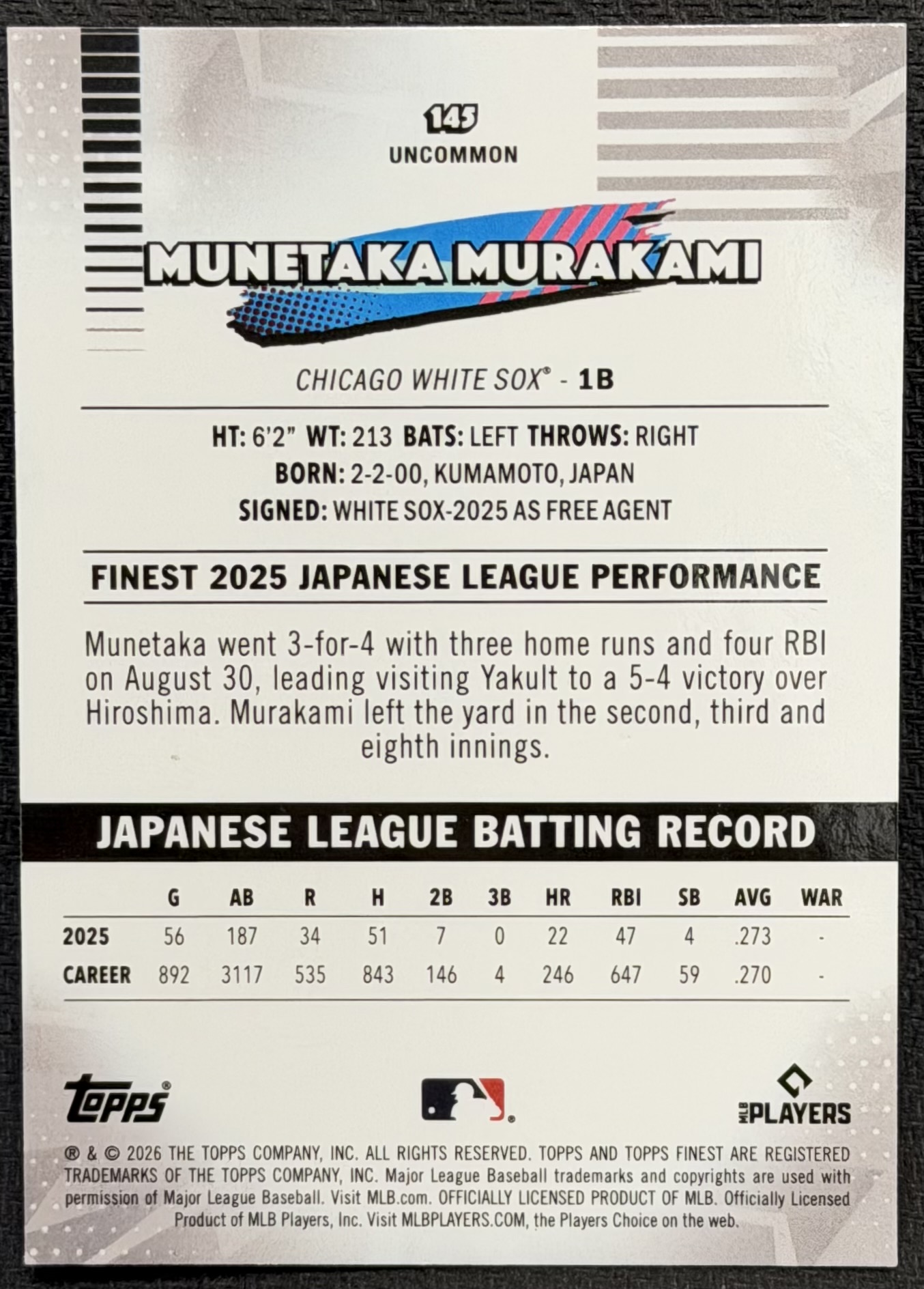 2026 Finest Oil Spill Refractors #145 Munetaka Murakami back image
