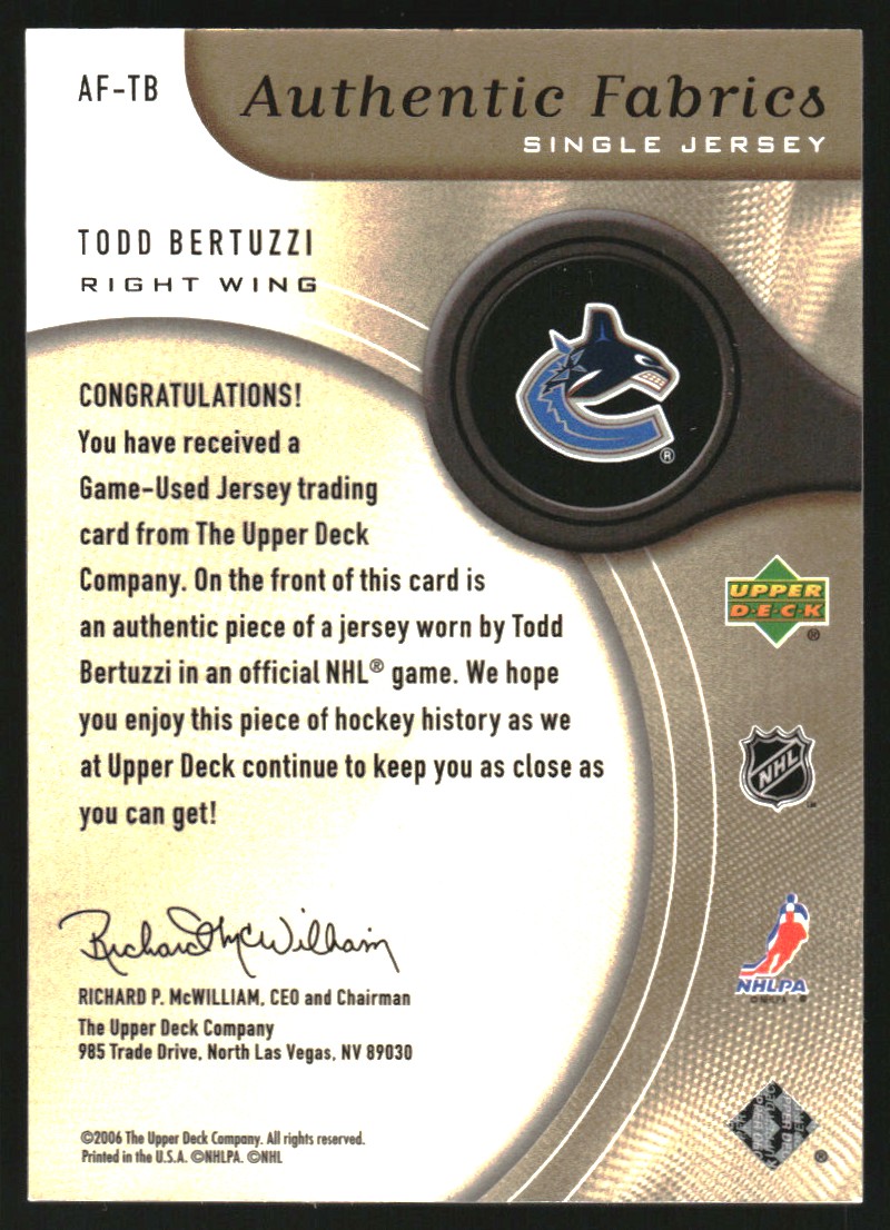 2005-06 SP Game Used Authentic Fabrics Gold #AFTB Todd Bertuzzi